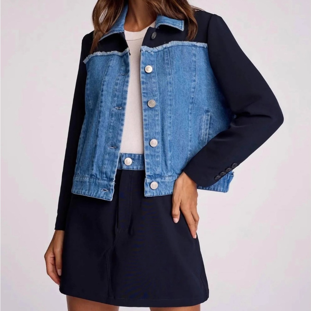 Sundays wearesundays Hendrix Jacket Boutique Denim Navy Colorblock Frayed S NWT